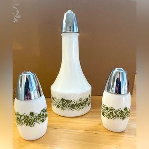 Pyrex Gemco salt, pepper, and vinegar. Pyrex Spring Blossom pattern.
